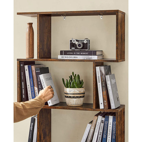 Rootz 6 Tier Bookshelf - Standing File Shelf - S-Style Bookcase - Chipboard Construction - Dark Brown Finish - 70cm x 24cm x 190.5cm