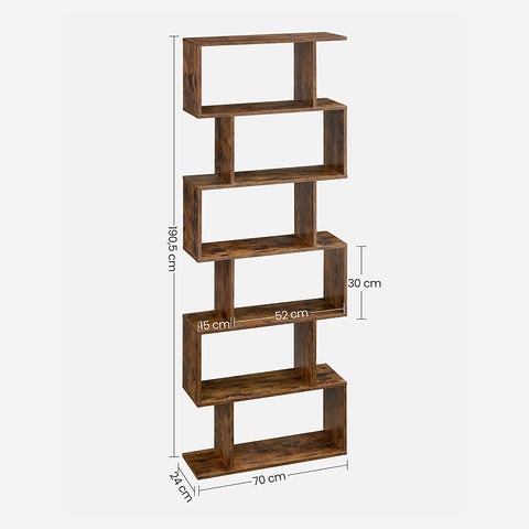 Rootz 6 Tier Bookshelf - Standing File Shelf - S-Style Bookcase - Chipboard Construction - Dark Brown Finish - 70cm x 24cm x 190.5cm