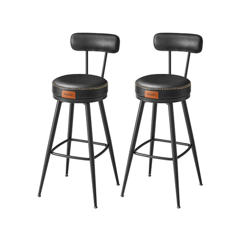 Rootz Bar Stool Set - Ink Black - Steel Upholstered Chairs - 58D Foam - Polyurethane Leather - 57cm x 57cm x 101cm - 76cm Seat Height - 120kg Capacity