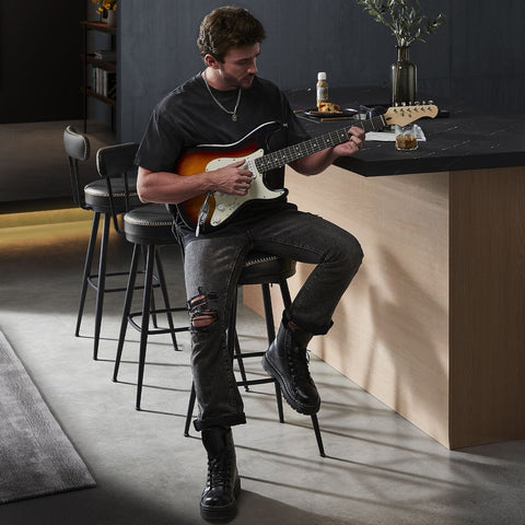 Rootz Bar Stool Set - Ink Black - Steel Upholstered Chairs - 58D Foam - Polyurethane Leather - 57cm x 57cm x 101cm - 76cm Seat Height - 120kg Capacity