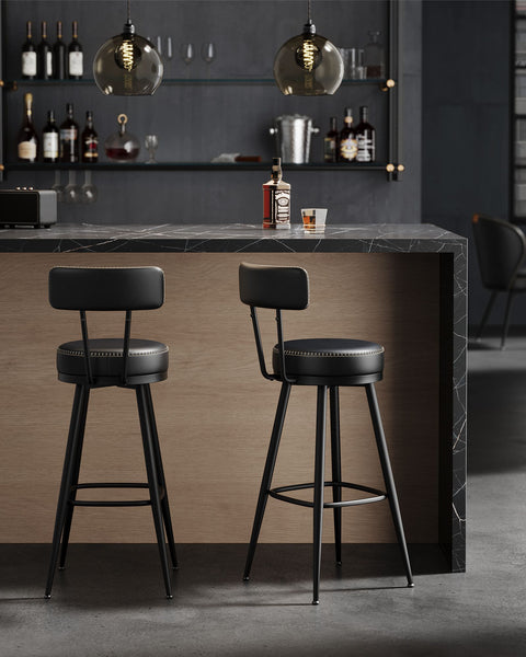Rootz Bar Stool Set - Ink Black - Steel Upholstered Chairs - 58D Foam - Polyurethane Leather - 57cm x 57cm x 101cm - 76cm Seat Height - 120kg Capacity