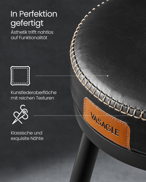 Rootz Bar Stool Set - Ink Black - Steel Upholstered Chairs - 58D Foam - Polyurethane Leather - 57cm x 57cm x 101cm - 76cm Seat Height - 120kg Capacity