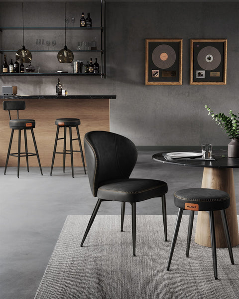 Rootz Bar Stool Set - Ink Black - Steel Upholstered Chairs - 58D Foam - Polyurethane Leather - 57cm x 57cm x 101cm - 76cm Seat Height - 120kg Capacity