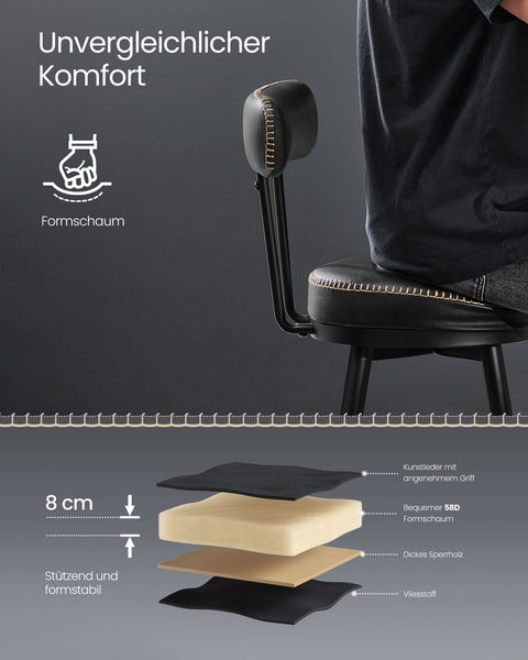 Rootz Bar Stool Set - Ink Black - Steel Upholstered Chairs - 58D Foam - Polyurethane Leather - 57cm x 57cm x 101cm - 76cm Seat Height - 120kg Capacity
