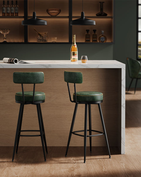 Rootz set of 2 Forest Green Bar Chairs - Counter Stools - Steel Frame - PU Leather - 57cm x 57cm x 101cm. Lightweight - 120kg Capacity.