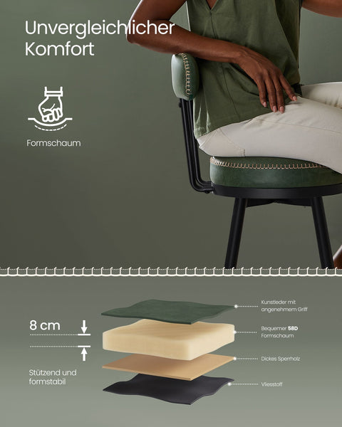 Rootz set of 2 Forest Green Bar Chairs - Counter Stools - Steel Frame - PU Leather - 57cm x 57cm x 101cm. Lightweight - 120kg Capacity.