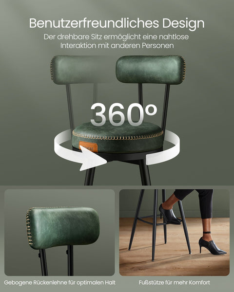 Rootz set of 2 Forest Green Bar Chairs - Counter Stools - Steel Frame - PU Leather - 57cm x 57cm x 101cm. Lightweight - 120kg Capacity.