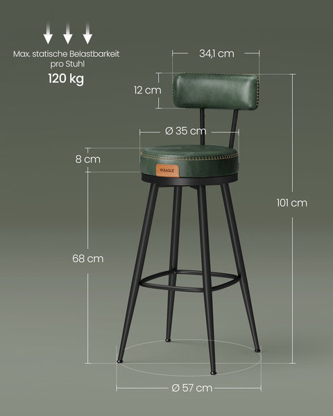 Rootz set of 2 Forest Green Bar Chairs - Counter Stools - Steel Frame - PU Leather - 57cm x 57cm x 101cm. Lightweight - 120kg Capacity.