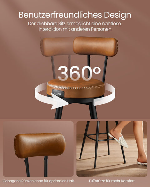 Rootz 2 Bar Chairs Set - Bar Stools - Kitchen Counter Stools - Steel Frame - 58D Foam Seat - PU Leather - 57cm x 57cm x 101cm