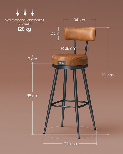 Rootz 2 Bar Chairs Set - Bar Stools - Kitchen Counter Stools - Steel Frame - 58D Foam Seat - PU Leather - 57cm x 57cm x 101cm