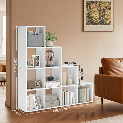 Rootz 10 Shelf Bookcase - Open Shelf Unit - Step Shelf - Ample Storage - 129.5cm x 29cm x 129.5cm