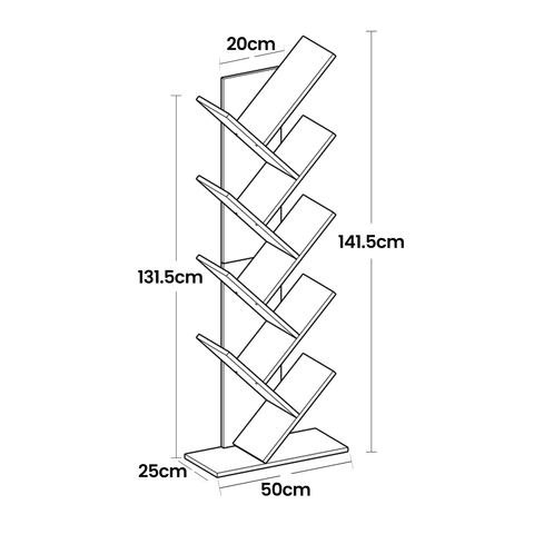 Rootz 9 Level Bookcase - Standing Shelf - Tree Shape Design - Space-Saving - 50 x 25 x 141.5 cm