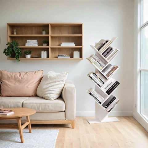 Rootz 9 Level Tree Shape Bookcase - Standing Shelf - Corner Shelf - Space Saving - 50cm x 141.5cm x 25cm