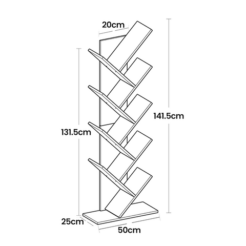 Rootz 9 Level Tree Shape Bookcase - Standing Shelf - Corner Shelf - Space Saving - 50cm x 141.5cm x 25cm