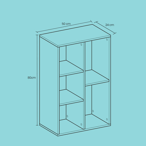 Rootz 6 Subject Bookcase - Book Cabinet - Storage Shelf - Versatile Setup - 24cm x 50cm x 80cm - Oak Finish
