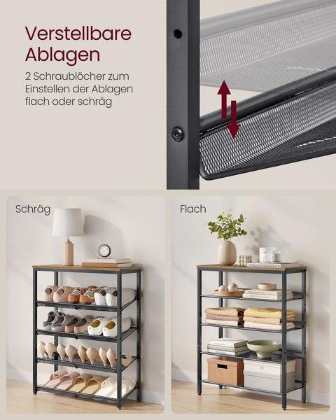 Rootz 5 Level Shoe Rack - Shoe Organizer - Footwear Storage - Adjustable Shelves - 30cm x 75cm x 93cm