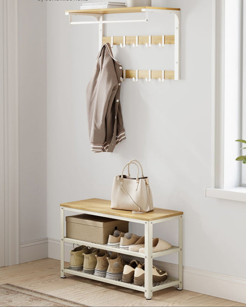 Rootz Shoe Bench with 2 Grid Shelves - Footwear Storage Rack - Shoe Organizer - Durable Chipboard - 30cm x 73cm x 45cm - Brown- White