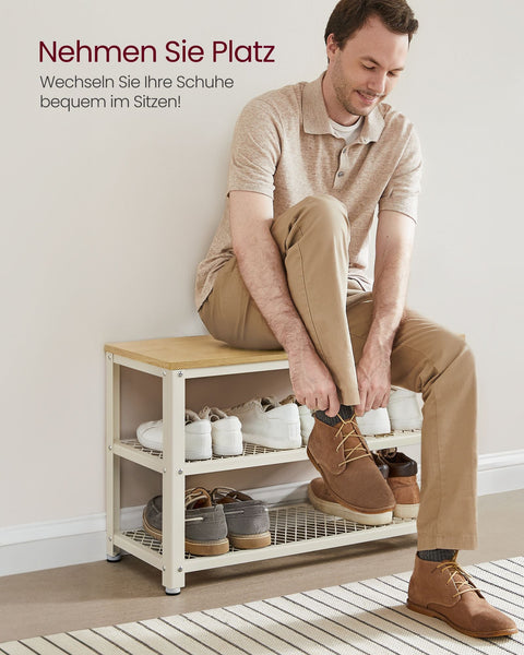 Rootz Shoe Bench with 2 Grid Shelves - Footwear Storage Rack - Shoe Organizer - Durable Chipboard - 30cm x 73cm x 45cm - Brown- White