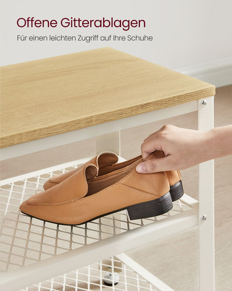 Rootz Shoe Bench with 2 Grid Shelves - Footwear Storage Rack - Shoe Organizer - Durable Chipboard - 30cm x 73cm x 45cm - Brown- White