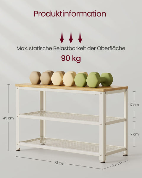 Rootz Shoe Bench with 2 Grid Shelves - Footwear Storage Rack - Shoe Organizer - Durable Chipboard - 30cm x 73cm x 45cm - Brown- White