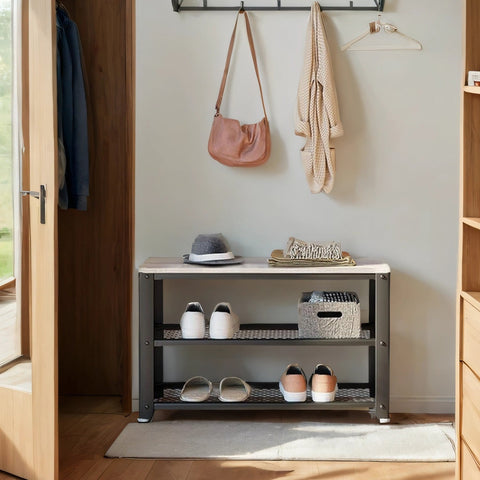Rootz Shoe Bench - 2 Lattice Shelves - Shoe Racks - Wooden Chipboard & Steel - Space-Saving Design - 73cm x 30cm x 45cm