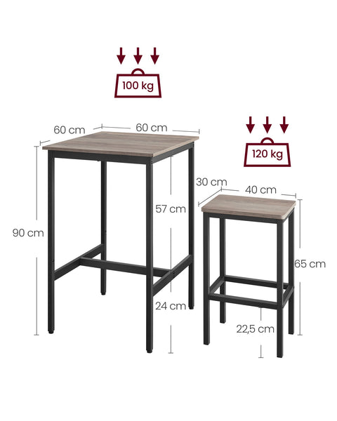 Rootz Bar Table Set - Greige Mottled-Ink Black - Chipboard Steel - Bistro Stools - High Load Capacity - 60cm x 60cm x 90cm
