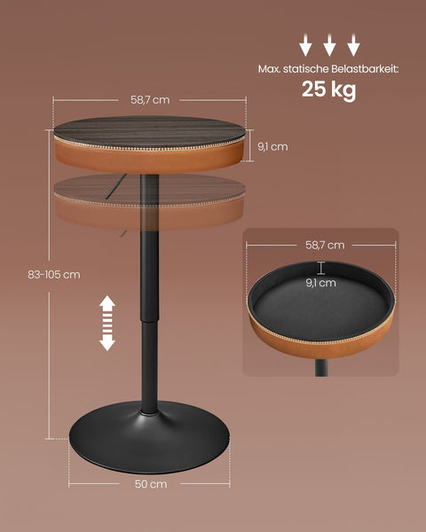 Rootz Bar Table - Pub Table - High Top Table - Stylish Finish - 58.7cm x 58.7cm x (83-105)cm - Steel Frame - PU Leather - Chipboard
