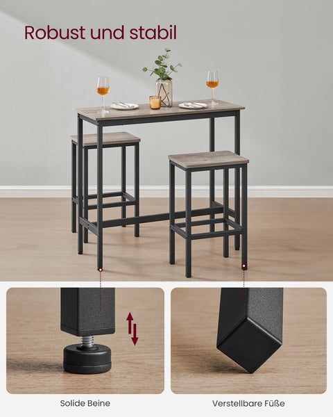 Rootz 3 Piece Bar Table Set - Pub Table - Counter Height Table - Chipboard and Steel - Greige Mottled-Ink Black - 100cm x 40cm x 90cm - 40cm x 30cm x 65cm - Lightweight - Sturdy - Easy Assembly