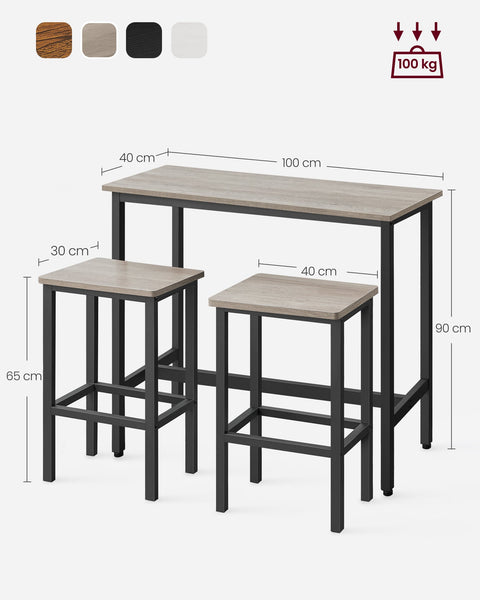 Rootz 3 Piece Bar Table Set - Pub Table - Counter Height Table - Chipboard and Steel - Greige Mottled-Ink Black - 100cm x 40cm x 90cm - 40cm x 30cm x 65cm - Lightweight - Sturdy - Easy Assembly