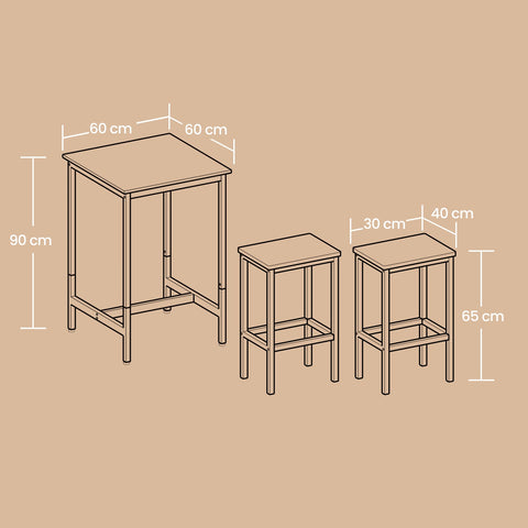 Rootz Bar Table Set - Dining Table - High Top Table - Space-Saving Design - 60cm x 60cm x 90cm, Stools 30cm x 40cm x 65cm