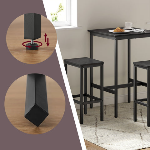 Rootz Black Bar Table Set - Pub Table - High Table - Sturdy with 2 Stools - 60cm x 60cm x 90cm