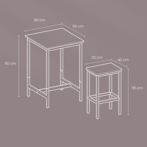 Rootz Black Bar Table Set - Pub Table - High Table - Sturdy with 2 Stools - 60cm x 60cm x 90cm