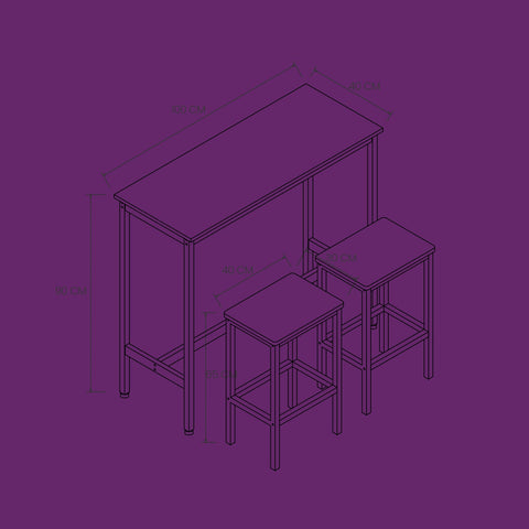 Rootz Bar Table Set with Stools - Standing Table - Dining Set - Space-Saving Design - Table: 100x40x90cm, Stool: 40x30x65cm