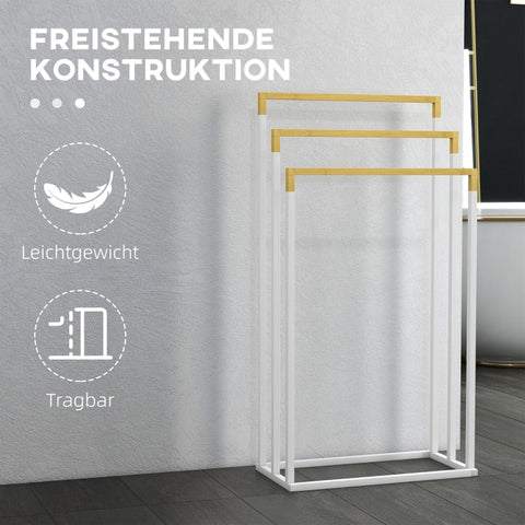 Rootz Kleankin 3-Piece Towel Rack Set - Towel Rails - Bathroom Organizer - Industrial Design - Bamboo & Steel - 45 x 22.5 x 86 cm - White + Natural
