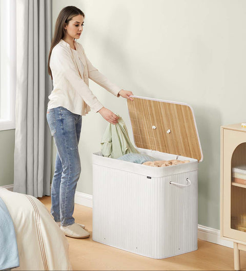 Rootz Bamboo Laundry Basket - Clothes Hamper - White Storage Bin - Durable & Stylish - 70cm x 40cm x 61cm
