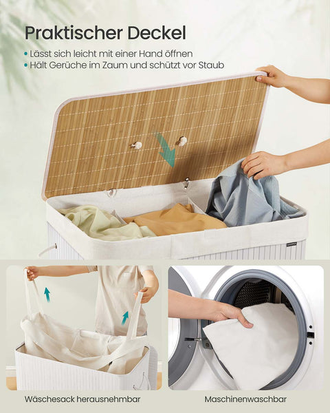Rootz Bamboo Laundry Basket - Clothes Hamper - White Storage Bin - Durable & Stylish - 70cm x 40cm x 61cm