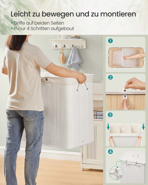 Rootz Bamboo Laundry Basket - Clothes Hamper - White Storage Bin - Durable & Stylish - 70cm x 40cm x 61cm