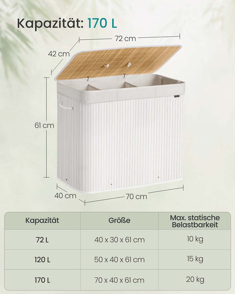 Rootz Bamboo Laundry Basket - Clothes Hamper - White Storage Bin - Durable & Stylish - 70cm x 40cm x 61cm
