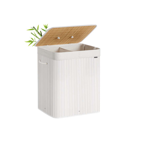 Rootz Bamboo Laundry Basket - Clothes Hamper - Storage Bin - Holds 15kg - 50 x 40 x 61 cm - White