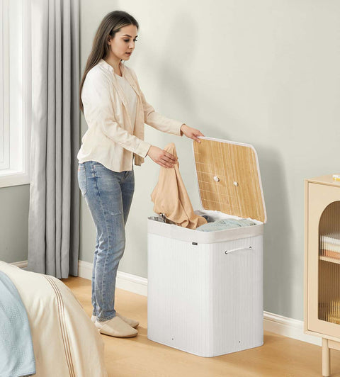 Rootz Bamboo Laundry Basket - Clothes Hamper - Storage Bin - Holds 15kg - 50 x 40 x 61 cm - White
