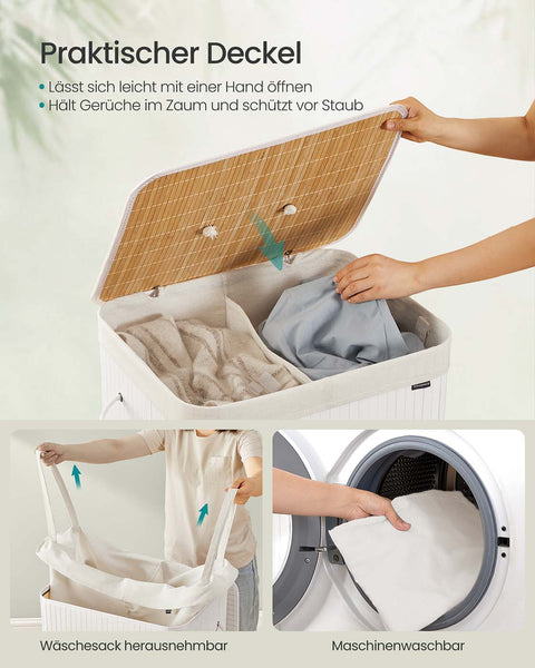 Rootz Bamboo Laundry Basket - Clothes Hamper - Storage Bin - Holds 15kg - 50 x 40 x 61 cm - White