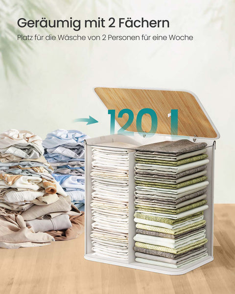 Rootz Bamboo Laundry Basket - Clothes Hamper - Storage Bin - Holds 15kg - 50 x 40 x 61 cm - White