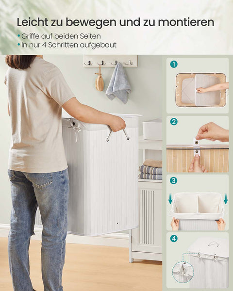 Rootz Bamboo Laundry Basket - Clothes Hamper - Storage Bin - Holds 15kg - 50 x 40 x 61 cm - White