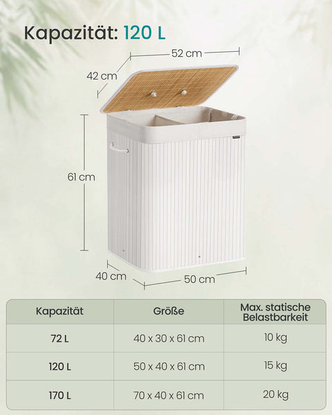 Rootz Bamboo Laundry Basket - Clothes Hamper - Storage Bin - Holds 15kg - 50 x 40 x 61 cm - White