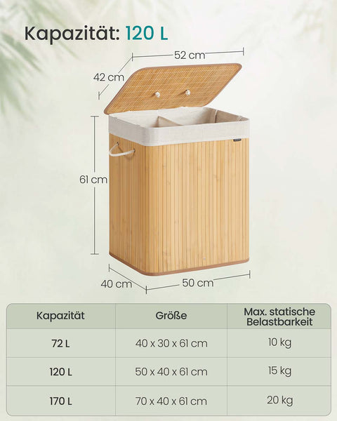 Rootz Bamboo Laundry Basket - Hamper - Clothes Organizer - Eco-Friendly - 50cm x 40cm x 61cm