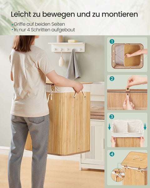 Rootz Bamboo Laundry Basket - Hamper - Clothes Organizer - Eco-Friendly - 50cm x 40cm x 61cm