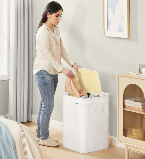 Rootz White Bamboo Washing Basket - Laundry Hamper - Storage Bin - Lightweight Bamboo Design - 40cm x 40cm x 61cm