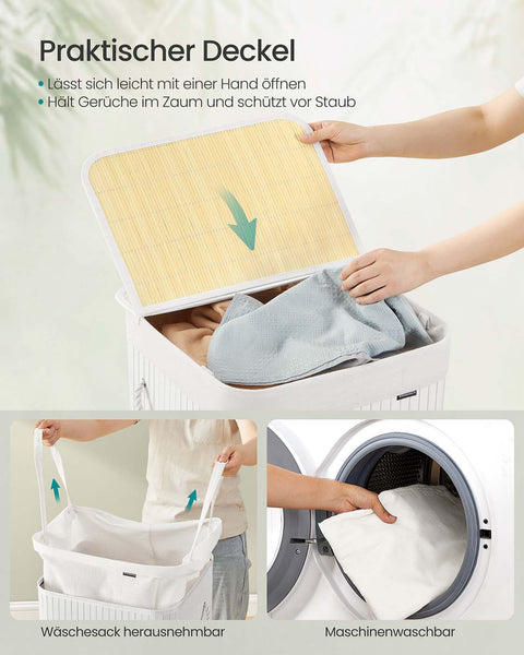 Rootz White Bamboo Washing Basket - Laundry Hamper - Storage Bin - Lightweight Bamboo Design - 40cm x 40cm x 61cm