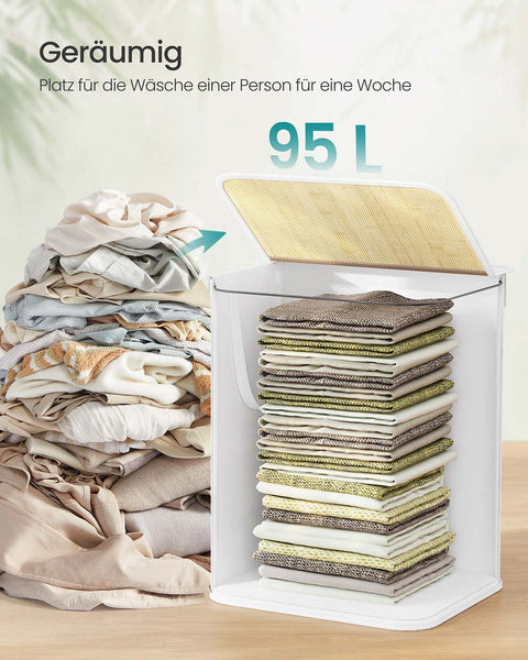 Rootz White Bamboo Washing Basket - Laundry Hamper - Storage Bin - Lightweight Bamboo Design - 40cm x 40cm x 61cm