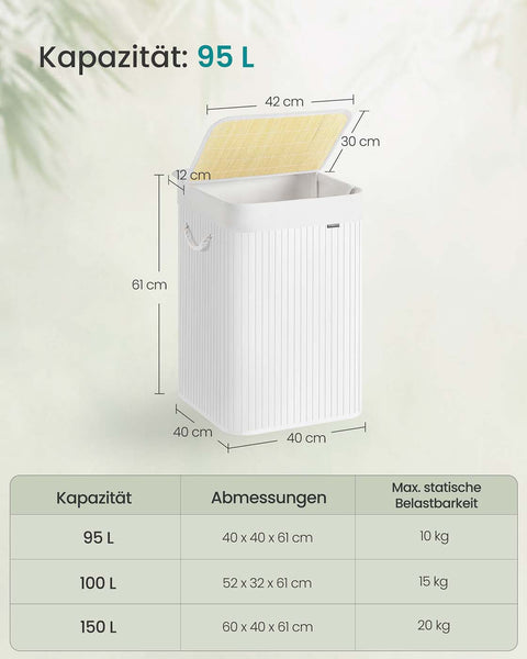 Rootz White Bamboo Washing Basket - Laundry Hamper - Storage Bin - Lightweight Bamboo Design - 40cm x 40cm x 61cm